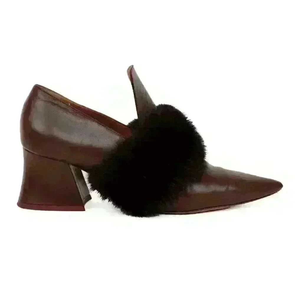 Givenchy Burgundy Leather Pointed Toe Mink - Fur Trim Pumps - Picture 9 of 10